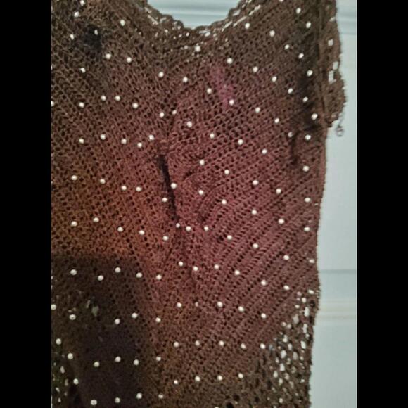 Say What Brown Crotchet Tank Top Fringe Silver Beads Soft Stretch Rayon Large - Picture 3 of 5
